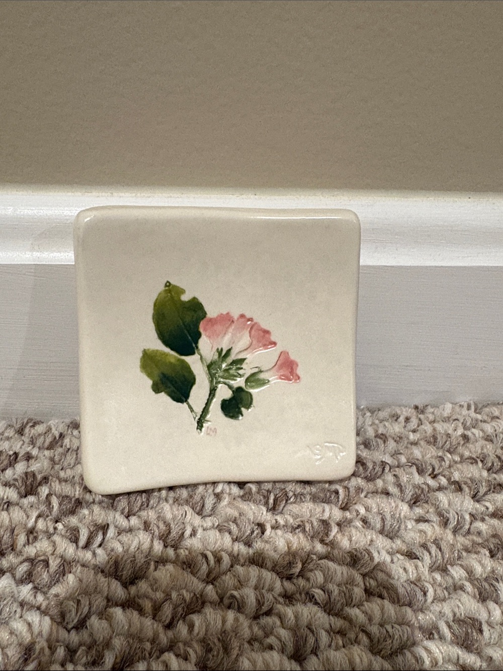 Salt Marsh Pottery Hand-Painted Floral Ceramic Tile - Pink & Green